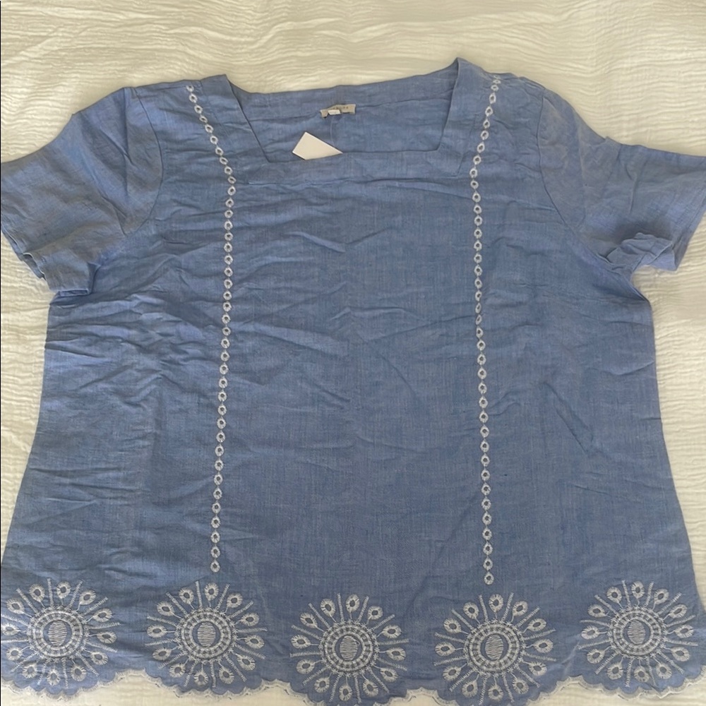 NWT Talbots Blue Embroidered linen Top
